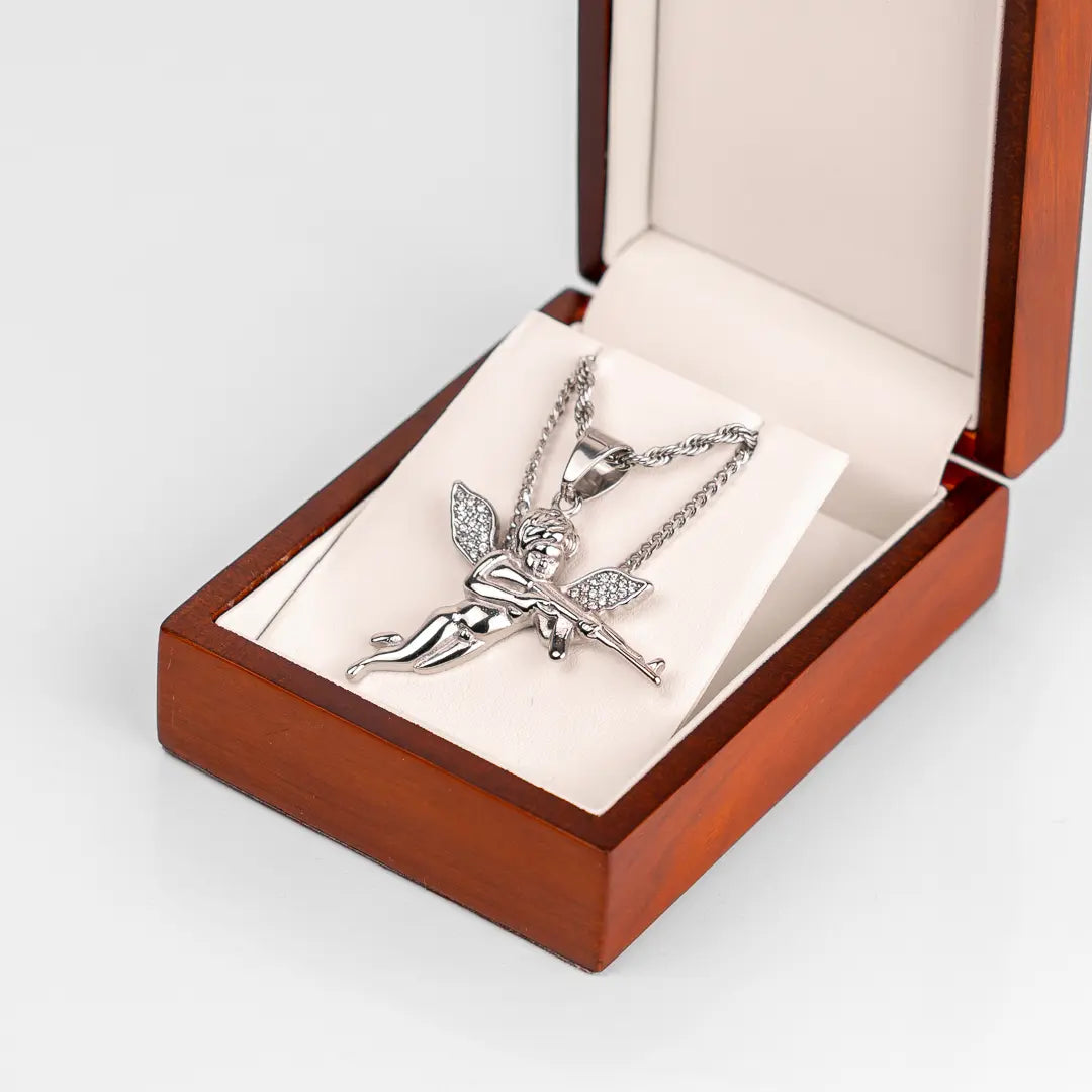 Ensemble de colliers pour homme en acier inoxydable avec pendentif cupidon dans un écrin en bois