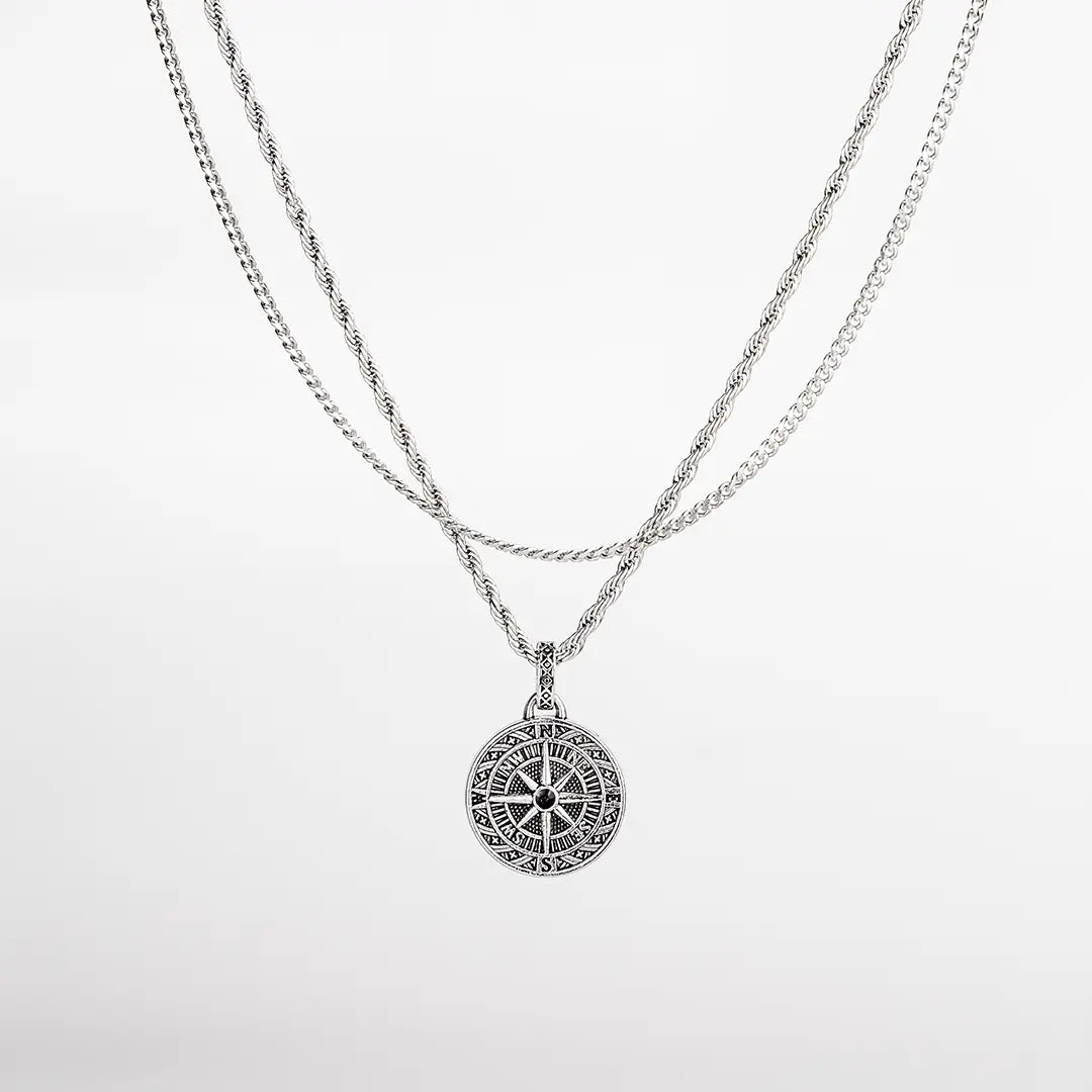 Ensemble de colliers en acier inoxydable  avec pendentif boussole pour homme