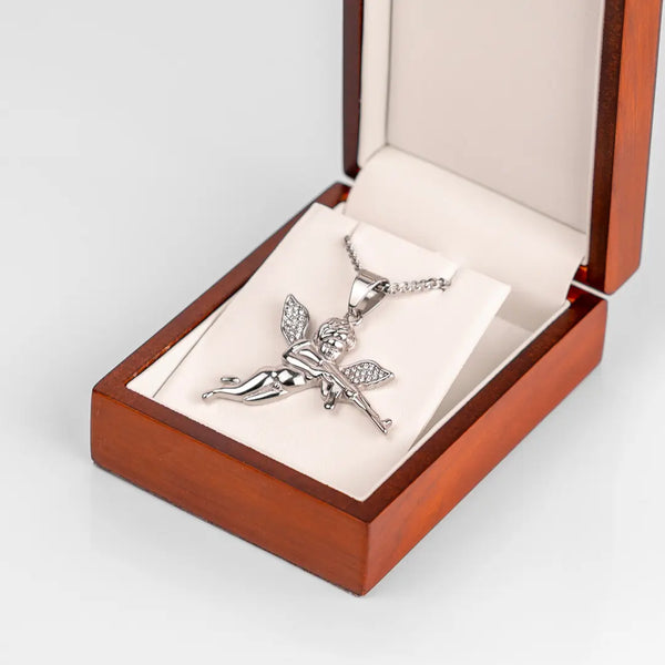Pendentif cupidon argent pour homme dans un écrin en bois